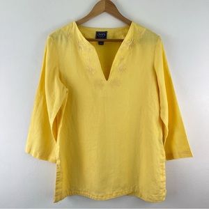 CHAPS 100% Linen Yellow Floral Embroidered V-Neck Top With Slits